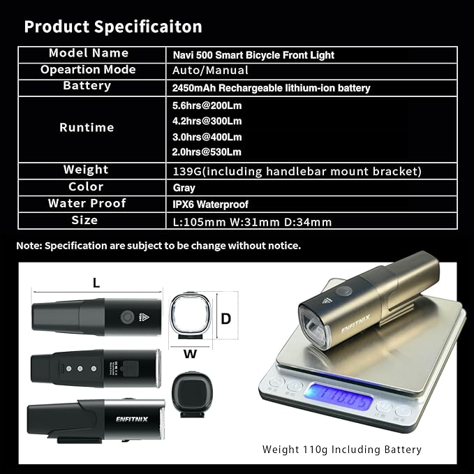 Navi 500 Smart Bike Light, Auto On/Off, 2450 mAh USB Type-C Rechargeable Bicycle Front Lamp, 530 Lumen Multi-Mod Super Bright LED Bike Light, IPX6 Waterproof, Aluminum Frame, 5 Light Modes.
