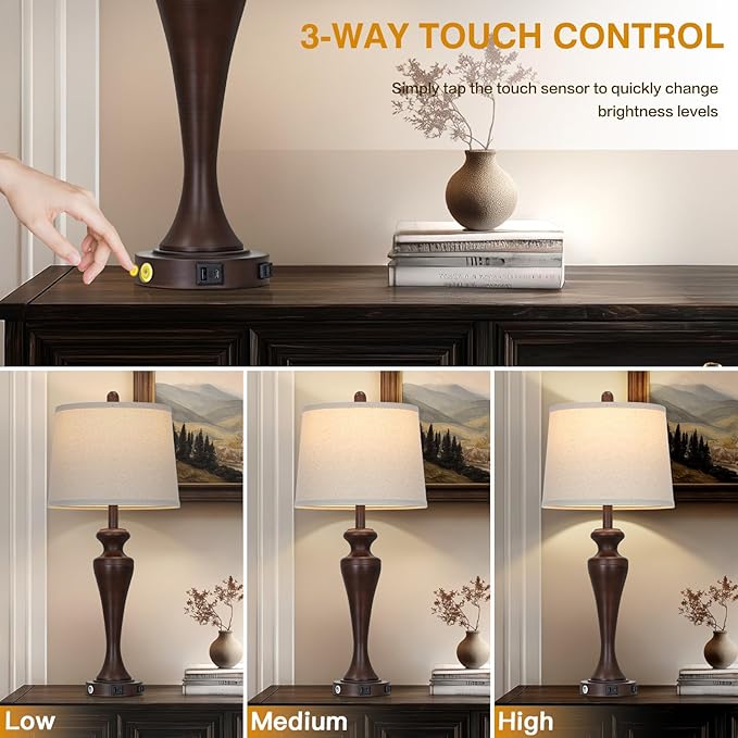 30" Brown Table Lamp Single, 3-Way Touch Control Bedside Lamp with USB A+C Ports and AC Outlet, Tall Living Room Lamps for End Table, Elegant Coffee Bedroom Lamps for Night Stand