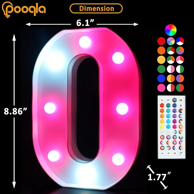 Pooqla Colorful Light Up Letters with Remote, Upgraded 35 Colors LED Marquee Letters, RGB Lighted Letter for Girls Teenager Gift, Birthday, Party, Wedding, Night Light, Room, Bedroom Decor, Letter O