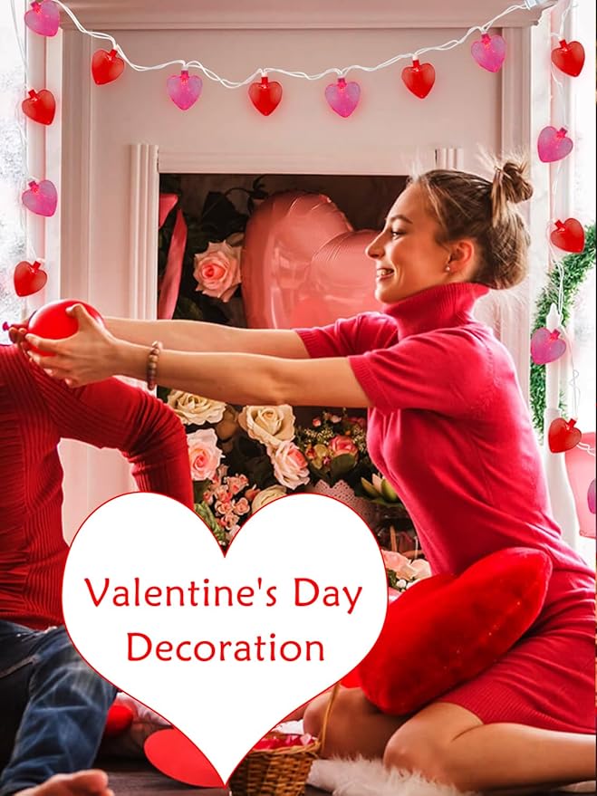 SUNSGNE Heart String Lights, 8.5Ft Valentines Lights with 10 LED Red and Pink Heart Bulbs for Indoor Outdoor Home Room Party Wedding Mother's Day Valentine's Decor