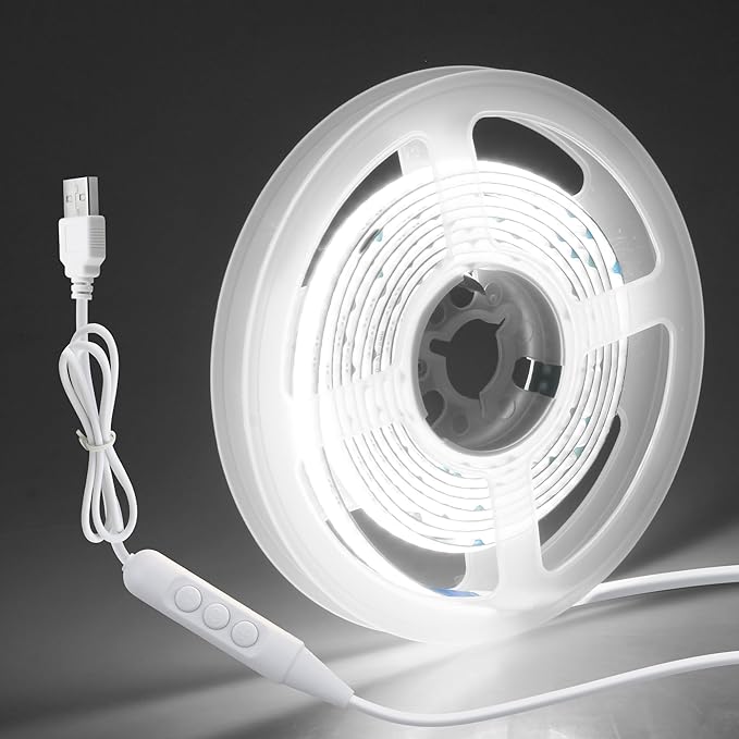 Aclorol 5V COB LED Strip Light White 6000K Dimmable LED TV Backlights 4.92FT/1.5M 480LEDs Flexible and Cuttable Tape Lights with 1.5M USB Cable for Kitchen Cupboard Mirror Staircase Counter Shelves