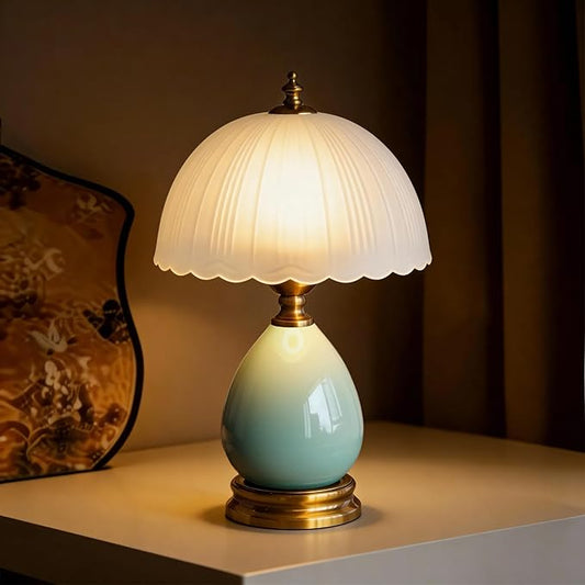 Decorative Ceramic Table Lamp with Frosted Glass Shade, Small Bedside Nightstand Lamp with Dimmable Light, 6ft Cord, E26 Bulb Included for Bedroom & Living Room