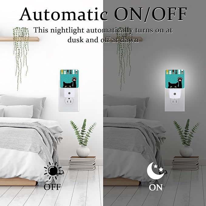 Funny Black Cat Night Light, Plug-into Wall Cat Paw Nightlight Lamp with Dusk to Dawn Sensor, Led Lamp 0.5W Energy Efficient for Boys Girls Adults Home Decor
