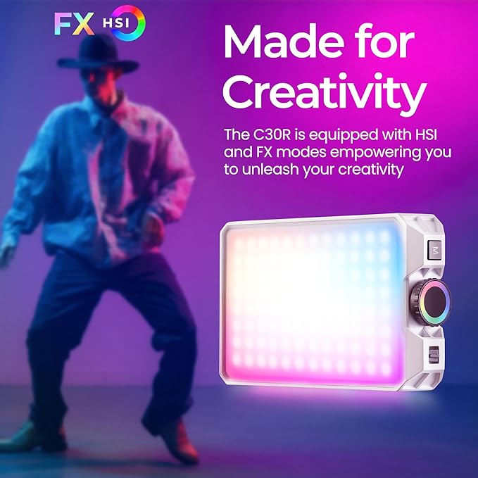 GODOX Litemons C30R RGB Led Video Panel Light,30W On Camera Pocket Lights CCT 1,800K-10,000K,3350mAh Rechargeable for Photography,Videographer and Vlogging