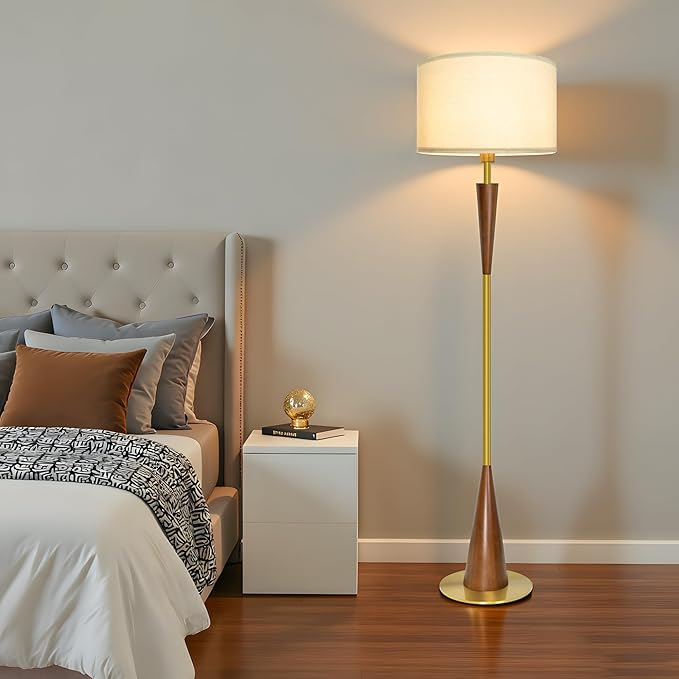 Floor Lamp for Living Room, Wood 3 Color Temperatures & Linen Shade, Modern Reading Standing Lamp with 9W LED Bulb, Mid Century Night Light for Farmhouse, Bedroom, Office, Bronze