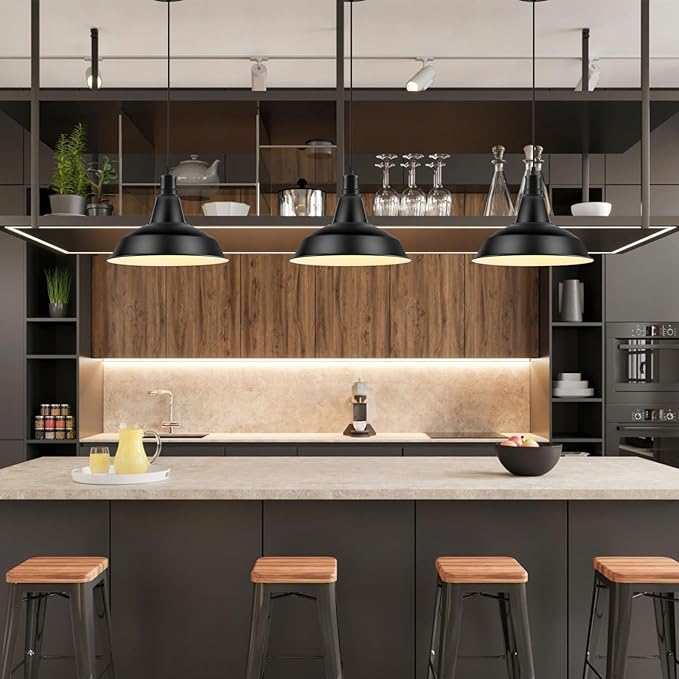 Pendant Light Fixtures, 3Pcs Farmhouse Kitchen Island Lights Fixture, Industrial Hanging Pendant Lighting for Dining Room Bedroom, Black Metal Pendant Lamp, E26 Base, 12.2in