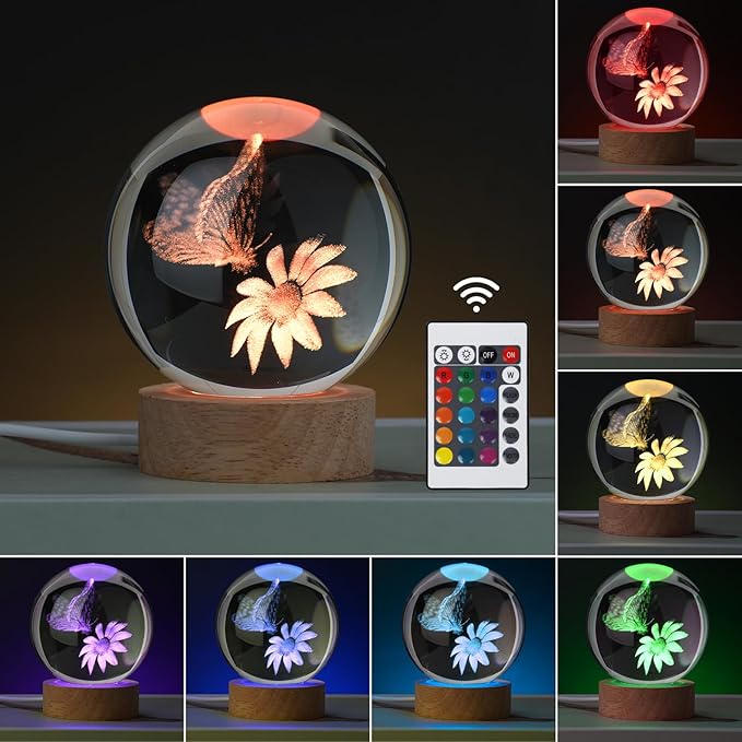 Large 3D Butterfly Crystal Ball Night Light, 16 Color Changing with Remote for Bedroom Decor, Ideal Girlfriend Gift for Teens Boys and Girls, Butterfly