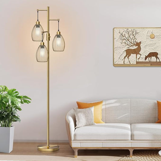 Dimmable Floor Lamp, 3 x 800LM LED Edison Bulbs Included, Farmhouse Industrial Floor Lamp Standing Tree Lamp with Elegant Teardrop Cage Tall Lamps for Living Room Bedroom Office Dining Room-Brass