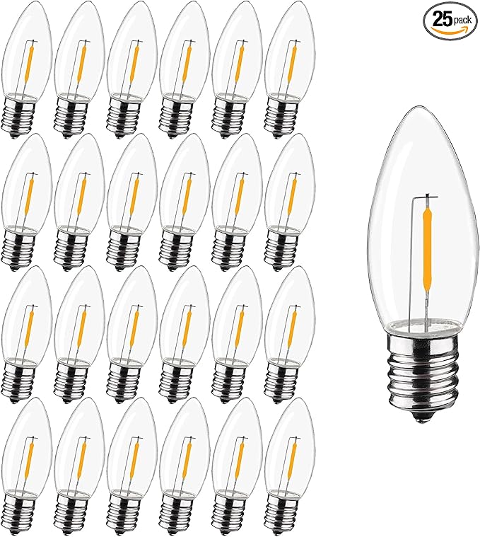 C9 Christmas Replacement LED Light Bulbs, E17 Chandelier Base LED Night Bulbs, 4W 5W 6W 7W Incandescent Equivalent, Warm White 2200K, Clear Plastic Bulbs for Christmas String Light - 25 Pack