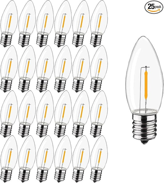 C9 Christmas Replacement LED Light Bulbs, E17 Chandelier Base LED Night Bulbs, 4W 5W 6W 7W Incandescent Equivalent, Warm White 2200K, Clear Plastic Bulbs for Christmas String Light - 25 Pack