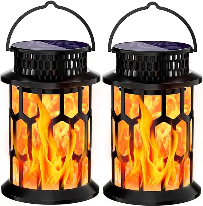 Solar Lanterns Outdoor Waterproof, Flickering Flame Hanging Solar Lantern Camping Solar Powered Lights Decorative Lights for Christmas Decorations Home Garden Patio Deck Yard Path, 2 Pack