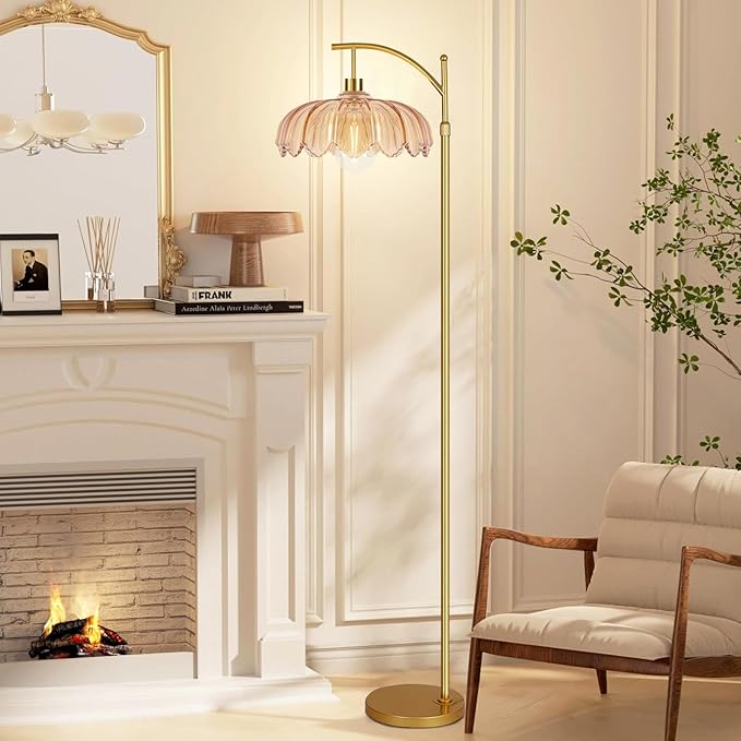 Glass Floor Lamp for Living Room,Bedroom,Gold Dimmable Standing Lamp with Remote,Mid Century Modern Brass Tall Lamp Boho Floor Lamps Arc Stained Flower Floor Light Lamp Bohemian