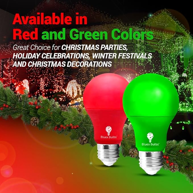 Bluex Bulbs 2 Pack BlueX LED A19 Green Light Bulb - 9W (60Watt Equivalent) - E26 Base LED Lights, Party Decoration, Porch, Home Lighting, Holiday Lighting, Decorative Illumination Bulb