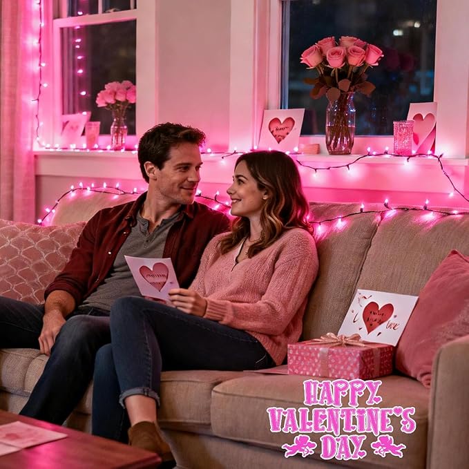 Pink String Lights Battery Powered, 2 Pack Total 33 FT 100 LED Pink Valentines Day String Lights for Indoor Outdoor Decoration, Twinkle Fairy Light for Valentines Day Decorations