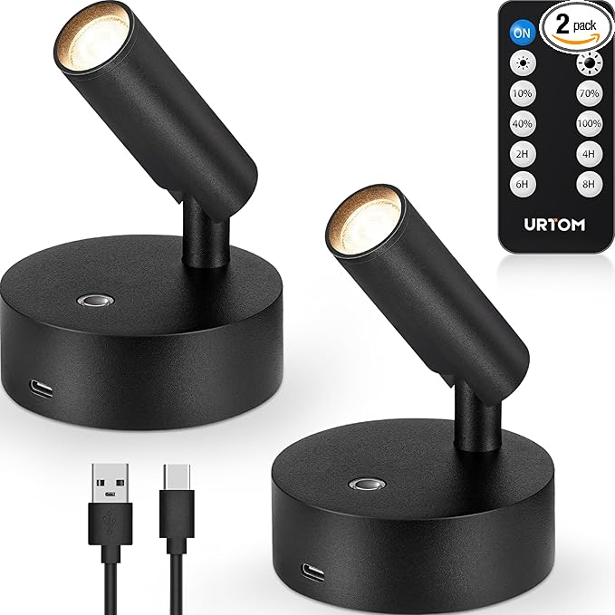 LED Wireless Spotlights Indoor with Remote Rechargeable Uplights with Timer Dimmable CRI 90+ Picture Light Battery Operated Spot Lights Indoor Accent Uplighting for Plant Reading, 2 Pack