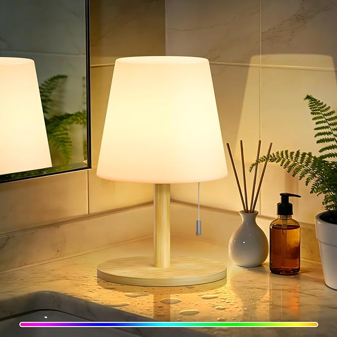 uuffoo Shower Lamp Waterproof Warm White & RGB Shower Light Dimmable LED Rechargeable Table Lamp Cordless Outdoor Lamps Portable for Indoor Outdoor Bathroom Home Patio H9.8in D6.3in (Bamboo)