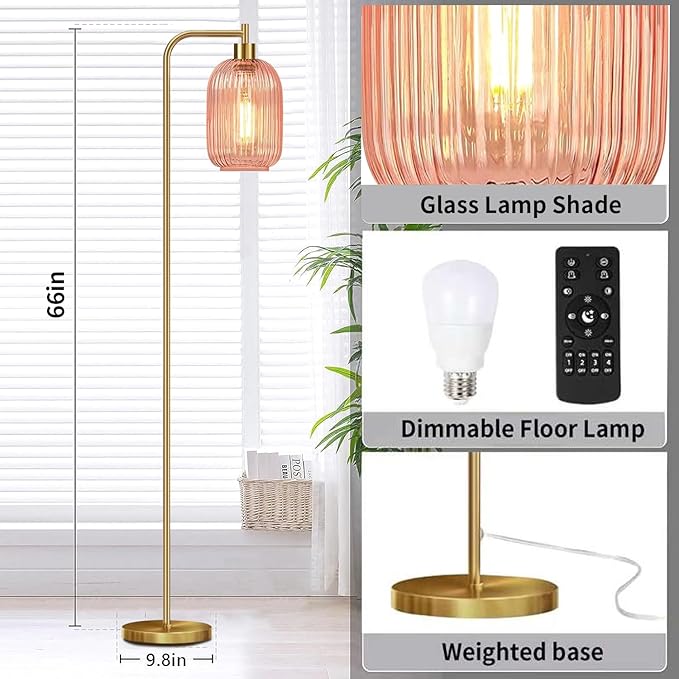 Pink Floor Lamp for Living Room,Bedroom,Gold Dimmable Standing Lamp with Remote,Mid Century Modern Brass Tall Lamp Retro Vintage Glass Lamp Floor Light Boho Bohemian