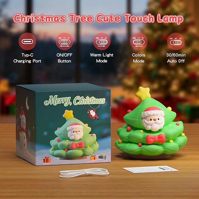 Christmas Tree Night Light, Touch Control LED Lamp, Silicone Green with Yellow Star, USB Rechargeable, 3 Brightness with Auto-Off Feature, Indoor Bedroom Decor
