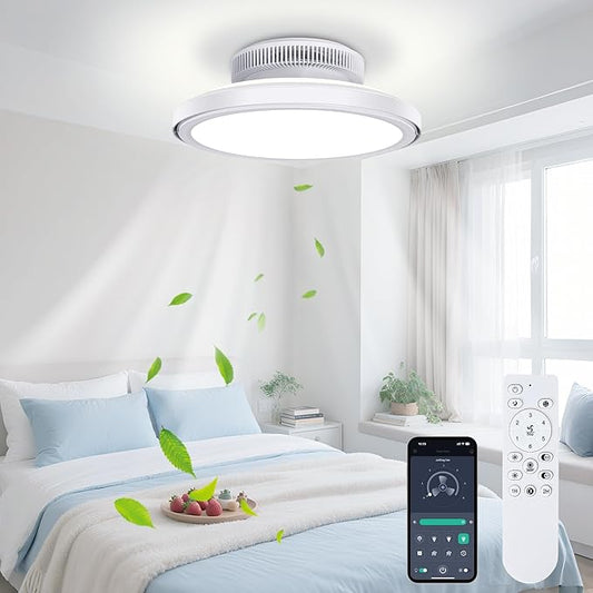 18" Bladeless Ceiling Fan, Low Profile Ceilings Fans with Light for Bedroom, Bsladeless Ceilings Fans with Remote/APP Control, Enclosed Led Ceilings 3 Colors Dimmable Reversisble,White