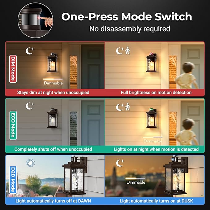 VIANIS 2 Pack Large Adjustable-Sensitivity Motion Sensor Outdoor Lights, Oil-Rubbed Bronze Porch Light with Tempered Ripple Glass, Aluminum Waterproof Outdoor Light Fixture, Exterior Lights for Garage