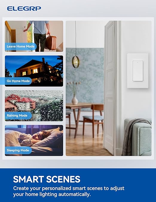 ELEGRP Smart Light Switch, 2.4GHz Wi-Fi Light Switch Compatible with Alexa & Google Assistant, Neutral Wire Required, APP Control and Timer Schedule, UL Certified, Single Pole/3 Way, White, 6 Pack