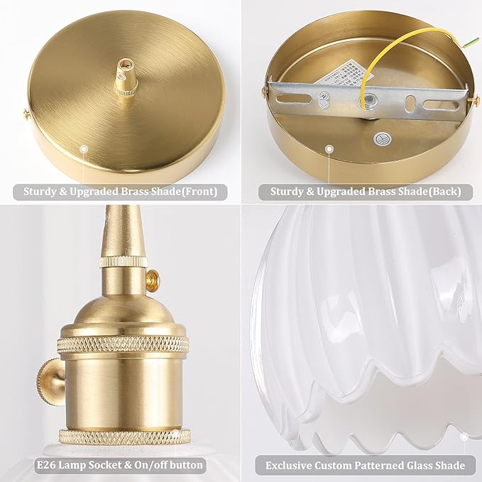 Mini Pendant Light 2 Pack with White Tulip Glass Lmapshade, Brass Vintage Pendant Light Adjustable Hanging Light for Kitchen Island Dining Room Hallway