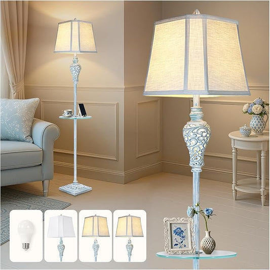 Vintage Floor Lamp with Night Light and Glass Tray, 65" High Retro Standing Lamp with Washed Blue Finish and White Linen Shade, Farmhouse Tall Lamp Decor for Living Room Bedroom House (Bulb Included)