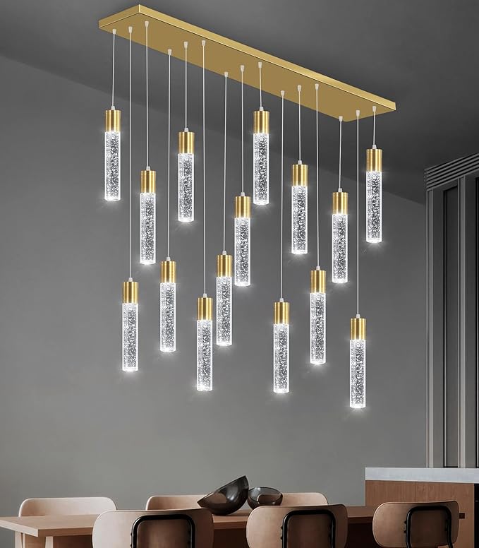 15-Lights Modern LED Pendant Lighting Fixture for Kitchen Island Crystal Chandelier Light Fixtures for Dining Room Living Room Gold