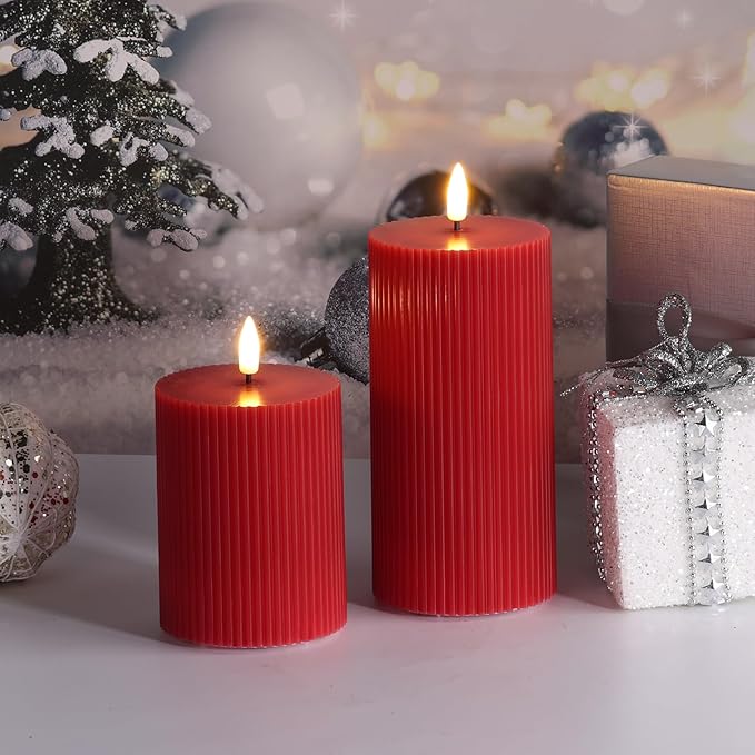 Red Ribbed Flameless Pillar Candles with Remote, Flickering LED Wax Candles Battery Operated Set of 2