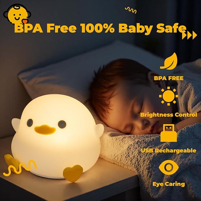 Adorable LED Squishy Animal Night Light - 2 Level Dimmable Nursery Lamp for Kids, Rechargeable Touch Lamp, Cute Dorm Decor - Perfect Baby Boys Girls Gift (Pea Duck)