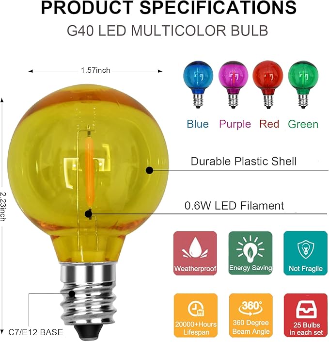 SUNSGNE G40 LED Christmas Replacement Globe Light Bulbs, Shatterproof Round Christmas Light Bulbs for Outdoor Indoor Decor - Clear Multicolor - 25 Pack, E12 Base