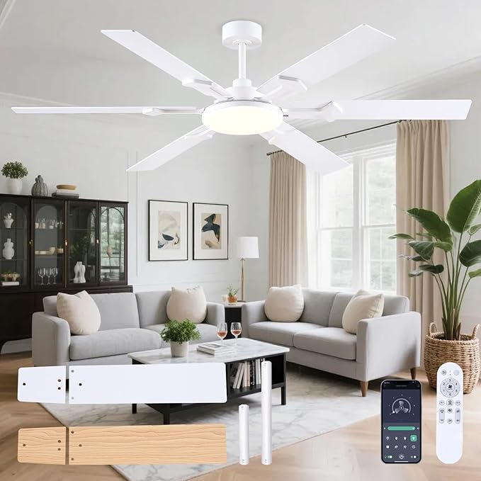 66 Inch White Ceiling Fans with Lights, Modern Large Ceiling Fan with Remote & APP Control, Reversible DC Motor, 6 Double-Sided Blades, 6 Speeds, Silent, Timer, for Living Room Indoor Outdoor