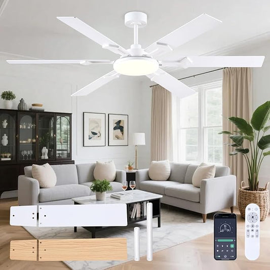 66 Inch White Ceiling Fans with Lights, Modern Large Ceiling Fan with Remote & APP Control, Reversible DC Motor, 6 Double-Sided Blades, 6 Speeds, Silent, Timer, for Living Room Indoor Outdoor