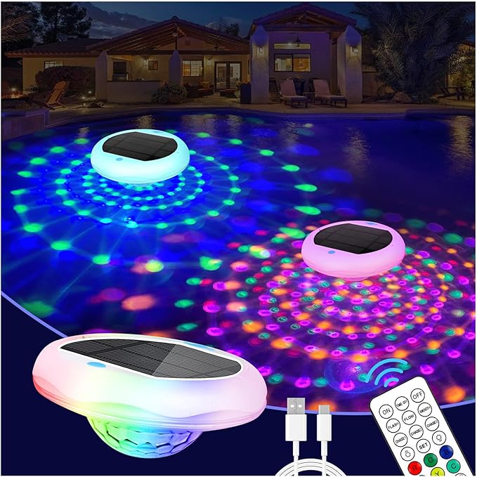 2-in-1 Solar and Rechargeable Floating Pool Lights: 6.7" Pool Lights That Float 6 Dynamic Modes with Remote IP68 Waterproof Hang RGB Upper and Lower Bathtub Light for Garden Pond 1 Pack