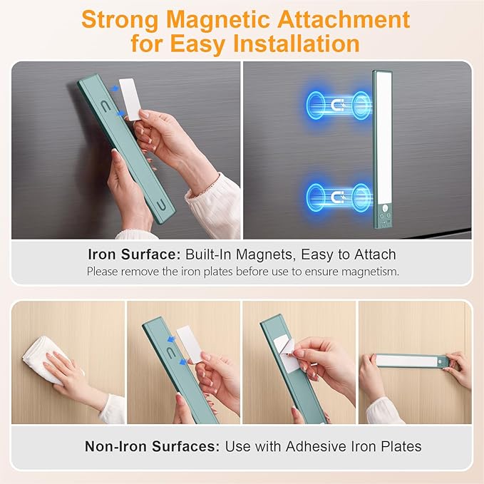 Gritin 10.2inch Under Cabinet Lighting Rechargeable 2 Pack- 3 Color Temps&5 Level Brightness, Super Bright, 4 Modes, Motion Sensor, Long Lasting - Easy Installation Magnetic Under Closet Lights-Green