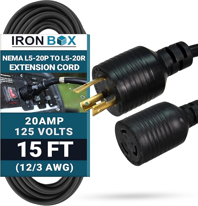 IronBox Electric NEMA L5-20P to L5-20R Power Cord - 20A, 125V, 12/3 AWG SJT - UL Listed Power Cable Adapter - Heavy Duty Extension Cord for Outdoor, Generator, RV, Data Center & More (15 ft, Molded)