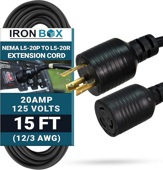 IronBox Electric NEMA L5-20P to L5-20R Power Cord - 20A, 125V, 12/3 AWG SJT - UL Listed Power Cable Adapter - Heavy Duty Extension Cord for Outdoor, Generator, RV, Data Center & More (15 ft, Molded)