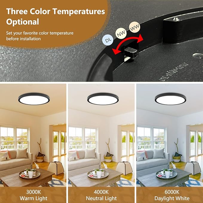 24 Inch Large LED Flush Mount Ceiling Light, 50W, 5480LM, 3000K/4000K/6000K CCT Selectable,Super Slim Low Profile Round Flat Panel Light for Bedroom,Kitchen,Hallway (Black 1PK)