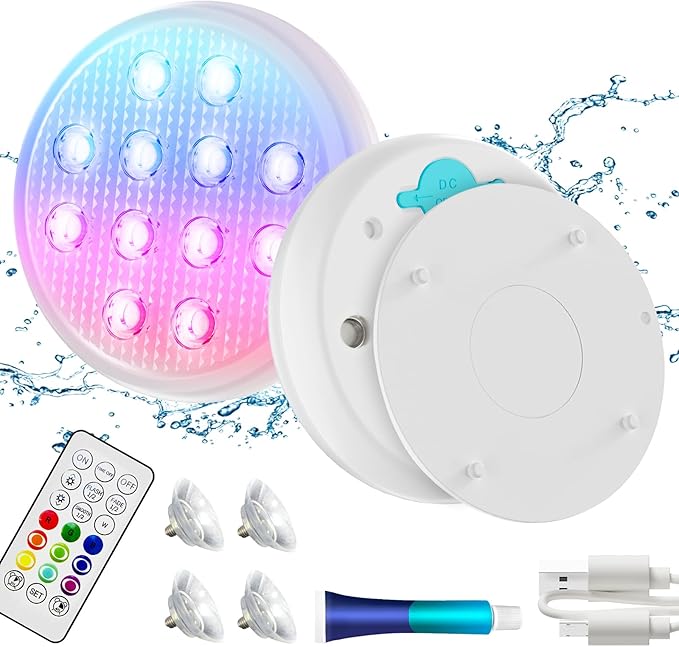 Pool Lights,Rechargeable Submersible LED Lights with Remote,IP68 Waterproof 16 Color LED Floating Pool Lights with Magnet, Suction Cups for Above Ground Inground Pool,Pond,Bathtub 2 Pack