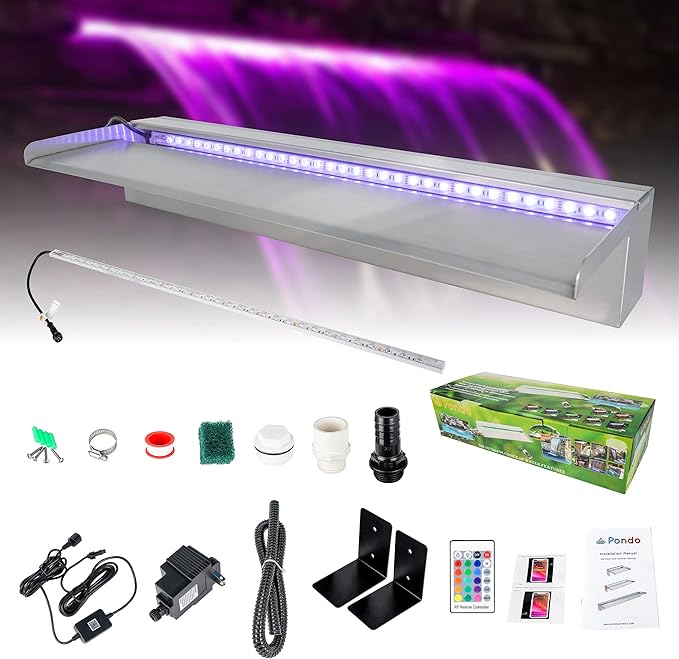 24 Inch APP 304 Stainless Steel Pond Fountains with 16 Color LED Lights, Outdoor Water Patio Waterfall Spillway Kit for Garden Patio, Swimming Pool, Koi Ponds Decoration