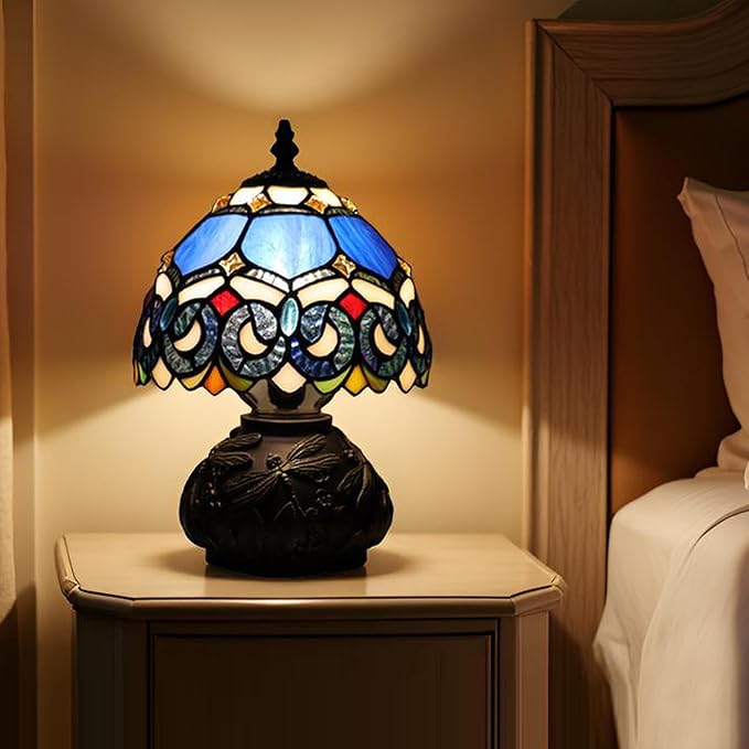 Small Tiffany Mushroom Table Lamp,Mini Memory Sympathy Antique lamp 8X11 Inch (Blue Baroque)