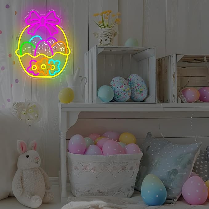 Easter Neon Sign for Wall Decor Flower Easter Basket Neon Light Egg Led Sign Easter Decorations Dimmable Bow Basket Light Up Signs for Window Party Gifts Bedroom Holiday Spring Bar Home Business