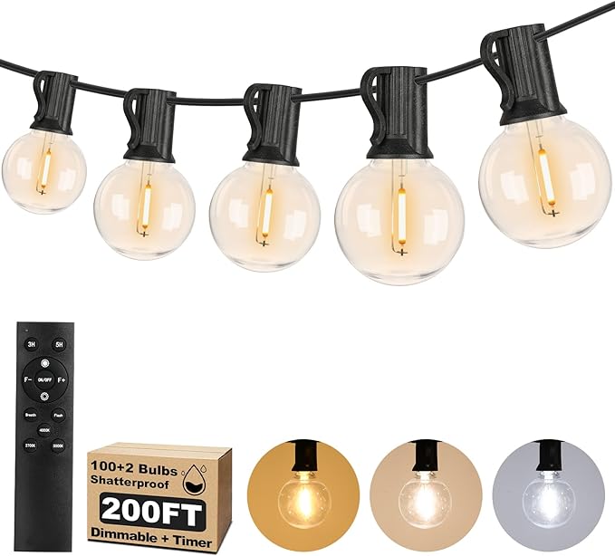 200FT LED Outdoor String Lights with 3 Color Lights, Dimmable String Lights for Outside with Remote, G40 Globe Waterproof Patio Lights with 100 Shatterproof Bulbs for Party Backyard BBQ House Camping