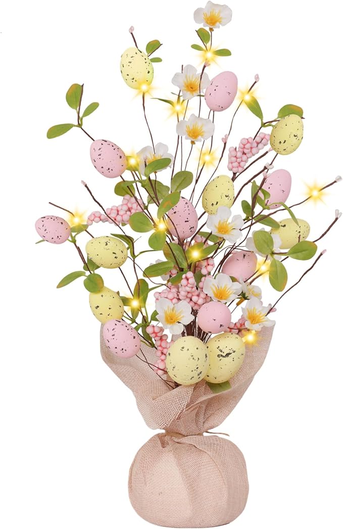 18inch Easter Decorations with Eggs & LED Lights Battery Operated Perfect Egg Tree for Indoor Easter Table Decorations & Holiday Decor
