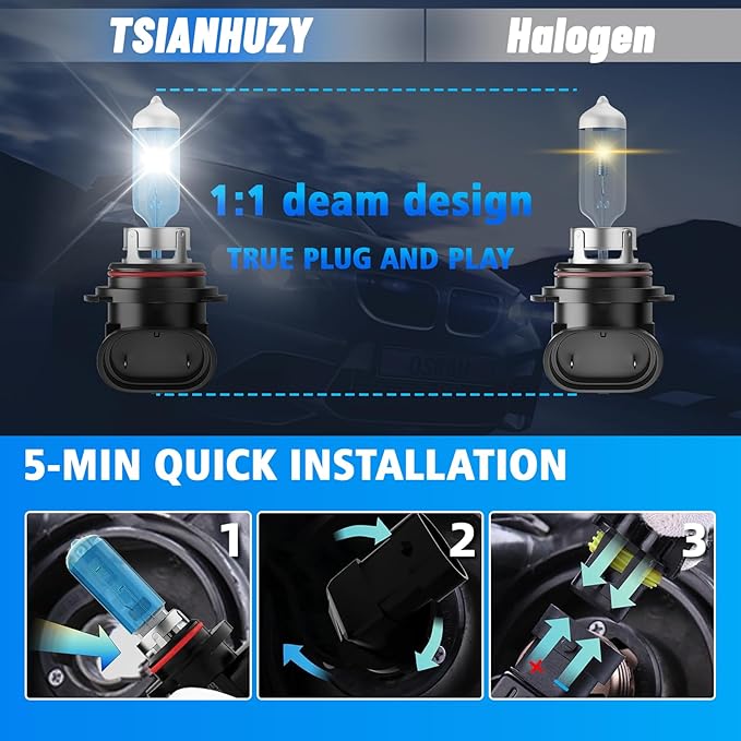 Halogen Headlight Bulbs Fit For Toyota Camry 2007-2018, High Low Beam Headlamp Bulbs Combo, 100W 6000K White 300% Brightness, Plug and Play, 4-Pack
