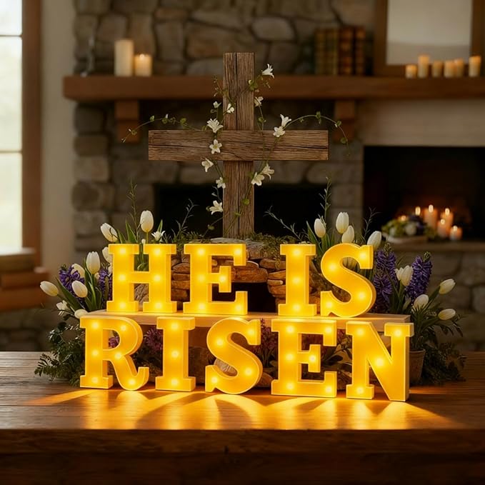 Honoson 9 Pcs He Is Risen Easter Decorations LED Light up Sign 6.42 Inch, Christian Easter Table Decoration Religious LED Lights for Church First Communion Party Supplies