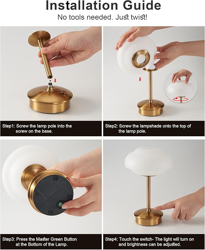 9" Mini Cordless Table Lamp with Cloud-Shaped, Small Rechargeable Battery Operated Lamps, 3-Way Touch Dimmer, Portable Brass Bedside Night Light for Restaurant Dining Kitchen Bathroom Patio Side Table