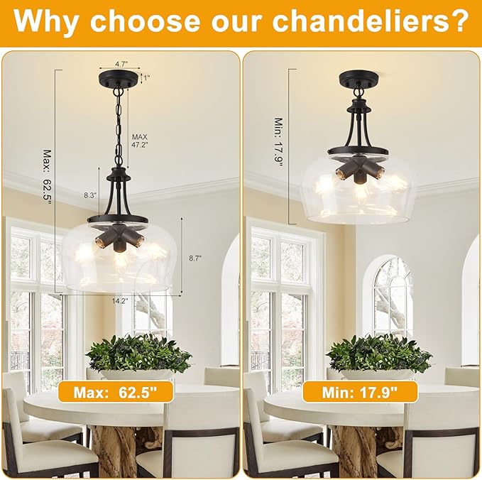 14.2" Modern Pendant Lights Kitchen Island, 3-Light Matte Black Pendant Light Fixtures with Clear Glass Shade, Industrial Hanging Pendant Lights Fixture for Kitchen Island Dining Room Bedroom Entryway