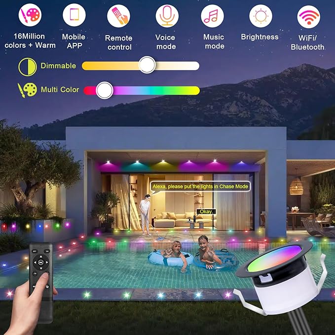 FVTLED LED Deck Lights Kit, Φ1.22 Low Voltage WiFi Pixel RGBW+IC Multi-Color Dynamic Deck Lighting with Remote Control, IP67 Waterproof Outdoor Step Lights DC12V for Garden,Steps,Stair(50 Pack, Black)