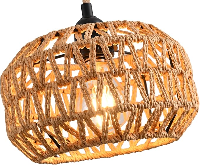 Plug in Pendant Light, Industrial Hanging Light with Plug in Cord Hemp Rope On/Off Switch Farmhouse, Vintage Hanging Lamps for Dining Room
